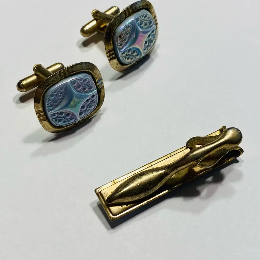 Vintage Mid Century Jewelry Set for Man Tie Bar Cufflinks Goldtone & Texture MOP